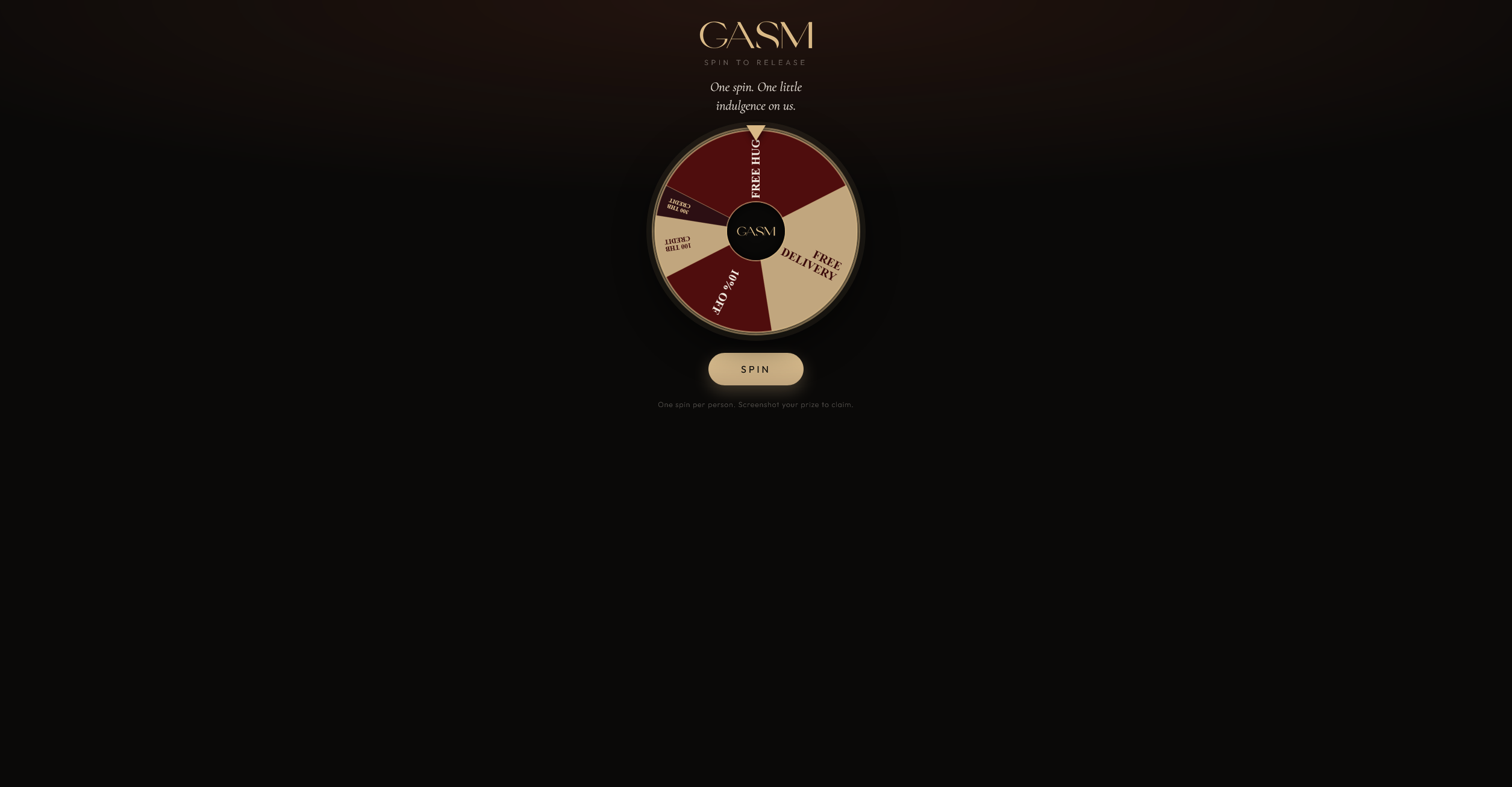 The GASM Spin to Release page: a maroon and cream prize wheel above a Spin button, on near-black.
