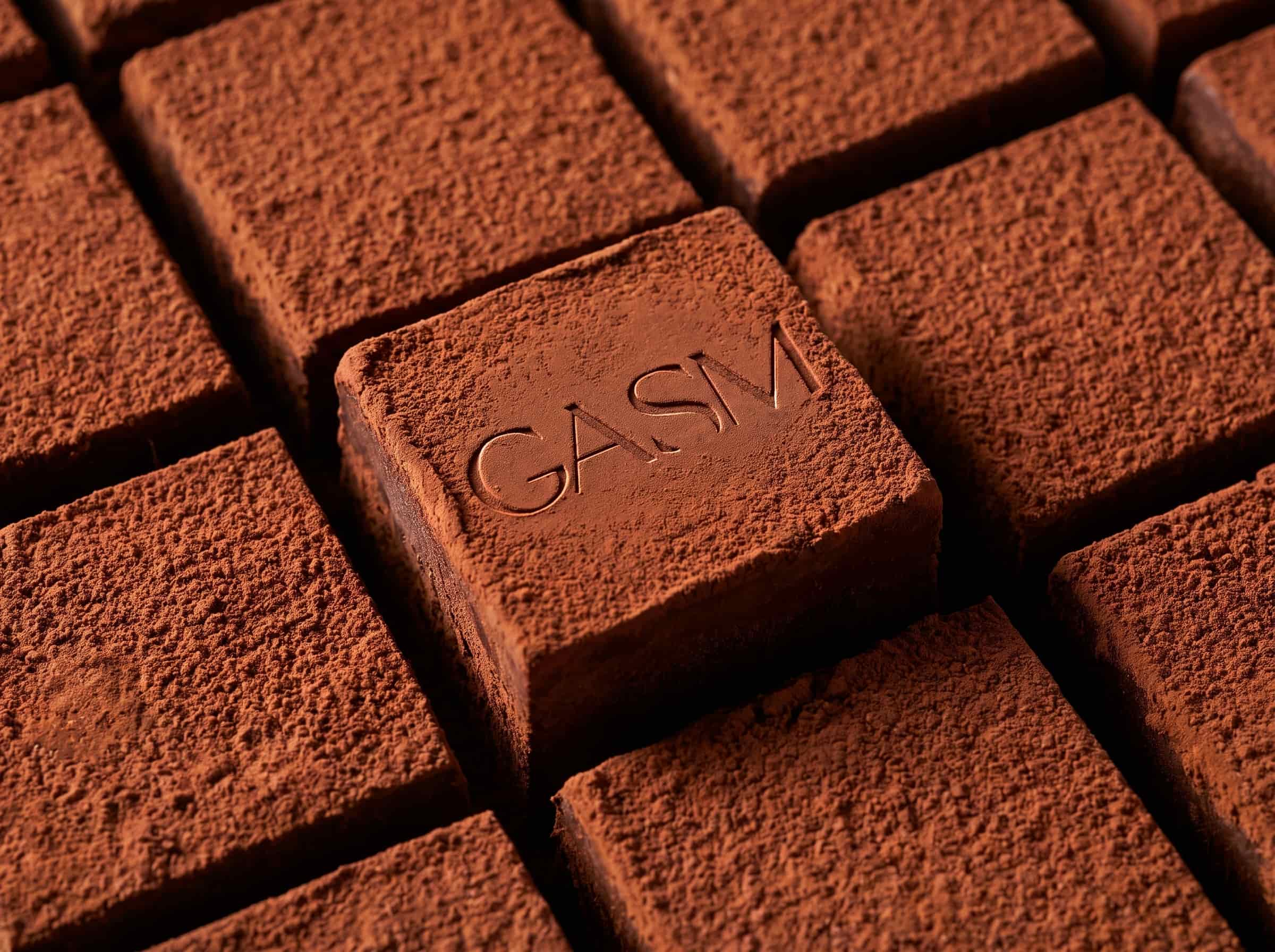 Macro of cocoa-dusted chocolate squares, the centre one debossed with the GASM logotype.